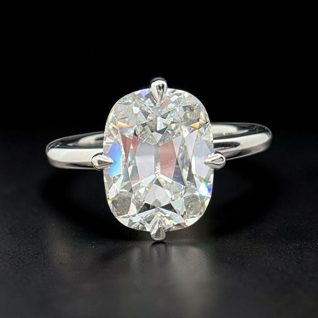 3.00 Ct E VS1 Old Mine Cushion Lab-Grown Diamond Solitaire Ring, in white gold, front view