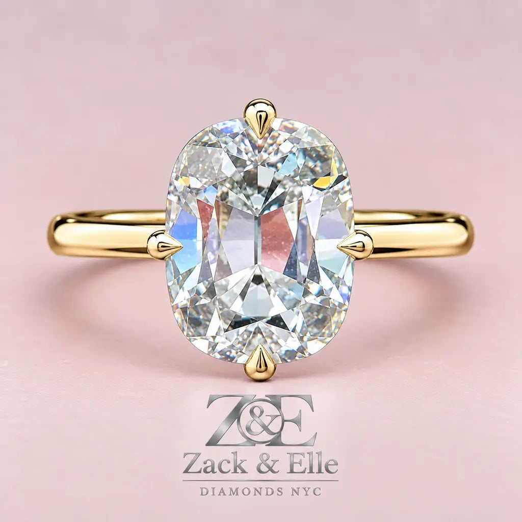 3.00 Ct E VS1 Old Mine Cushion Lab-Grown Diamond Solitaire Ring, in yellow gold, front view