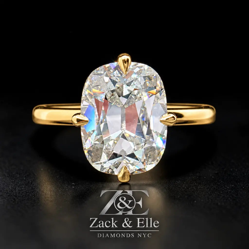 3.00 Ct E VS1 Old Mine Cushion Lab-Grown Diamond Solitaire Ring, in yellow gold, front view
