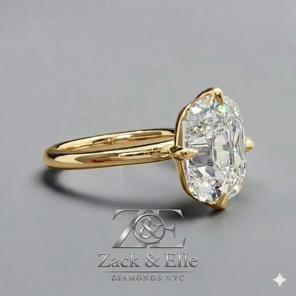 3.00 Ct E VS1 Old Mine Cushion Lab-Grown Diamond Solitaire Ring, in yellow gold, side profile