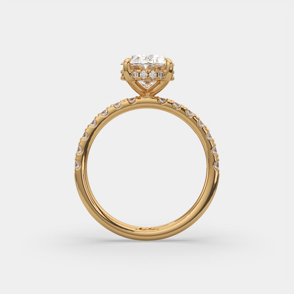 3.00 Ct E VS1 Oval Halo Lab Grown Diamond Ring, in yellow gold, front view