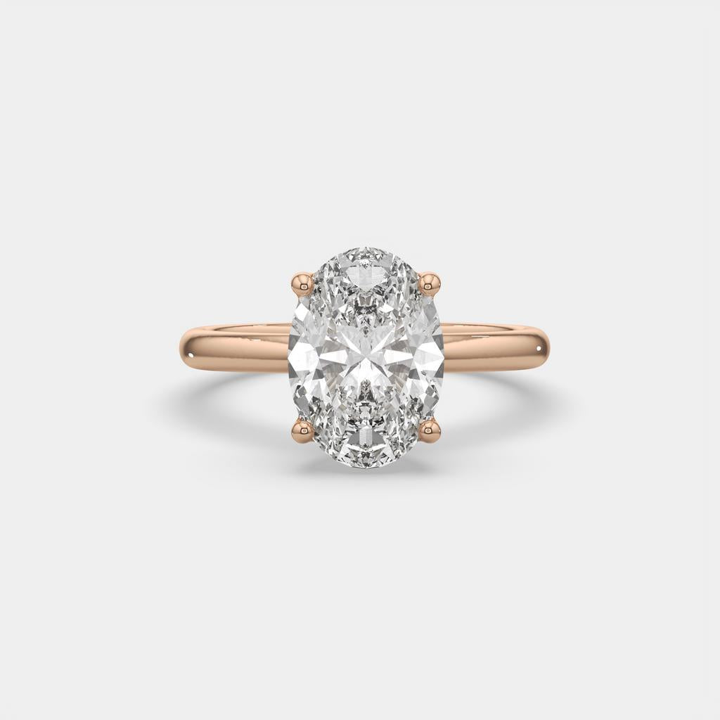 3.00 Ct E VS1 Oval Lab Grown Diamond Solitaire Ring, in rose gold, front view