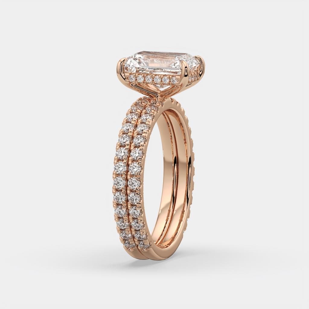 3.00 Ct E VS1 Radiant Diamond Halo Engagement Ring with Matching Band, in rose gold, side profile