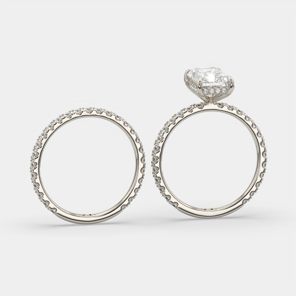 3.00 Ct E VS1 Radiant Diamond Halo Engagement Ring with Matching Band, in white gold, side profile