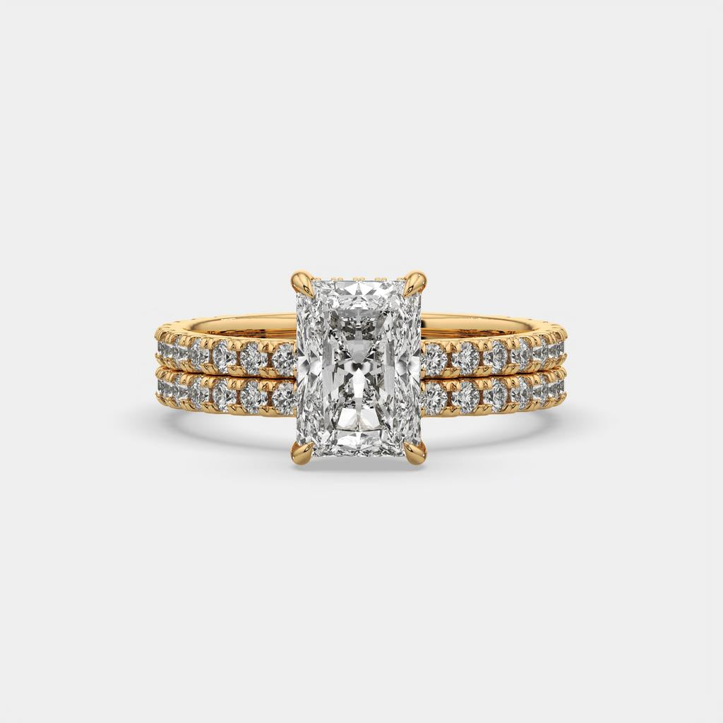 3.00 Ct E VS1 Radiant Diamond Halo Engagement Ring with Matching Band, in yellow gold, front view