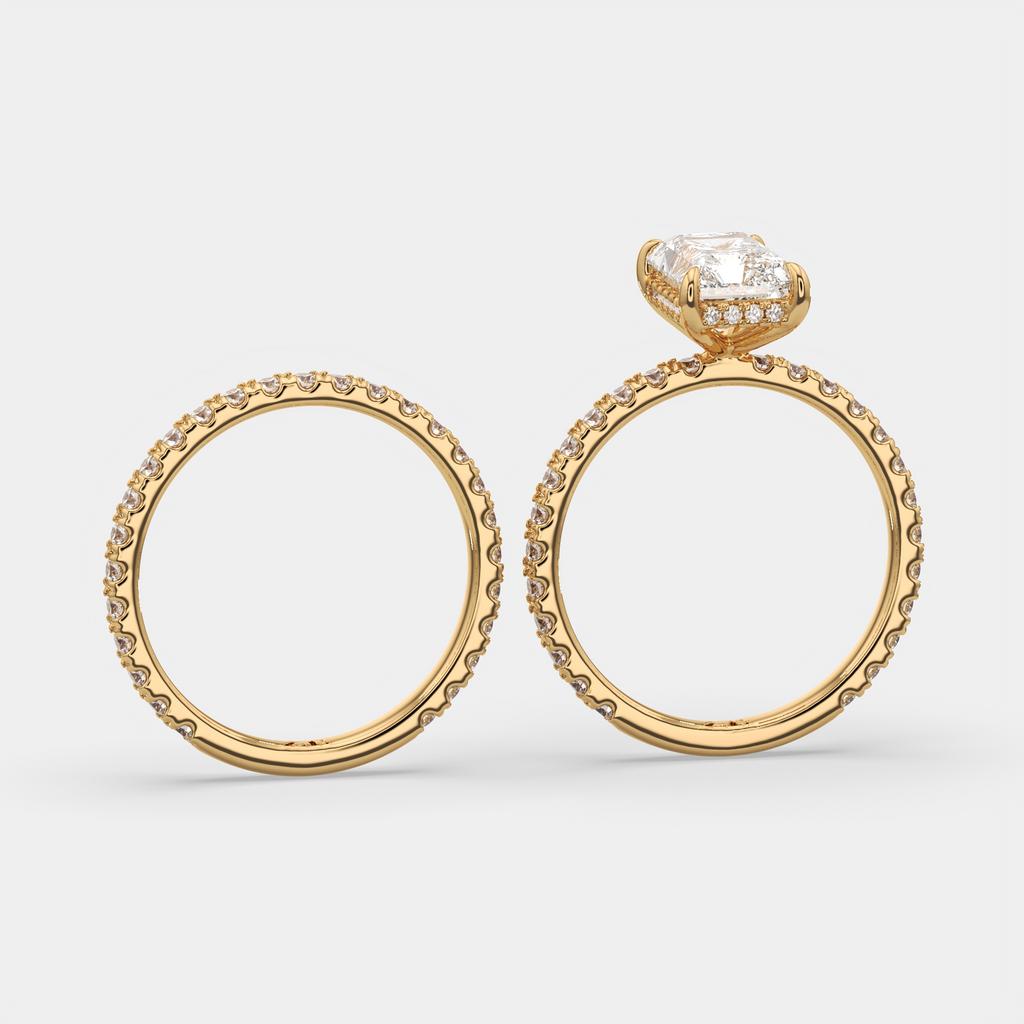 3.00 Ct E VS1 Radiant Diamond Halo Engagement Ring with Matching Band, in yellow gold, side profile