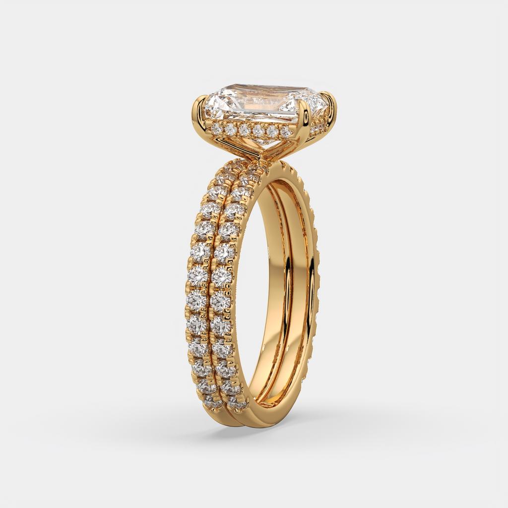 3.00 Ct E VS1 Radiant Diamond Halo Engagement Ring with Matching Band, in yellow gold, side profile