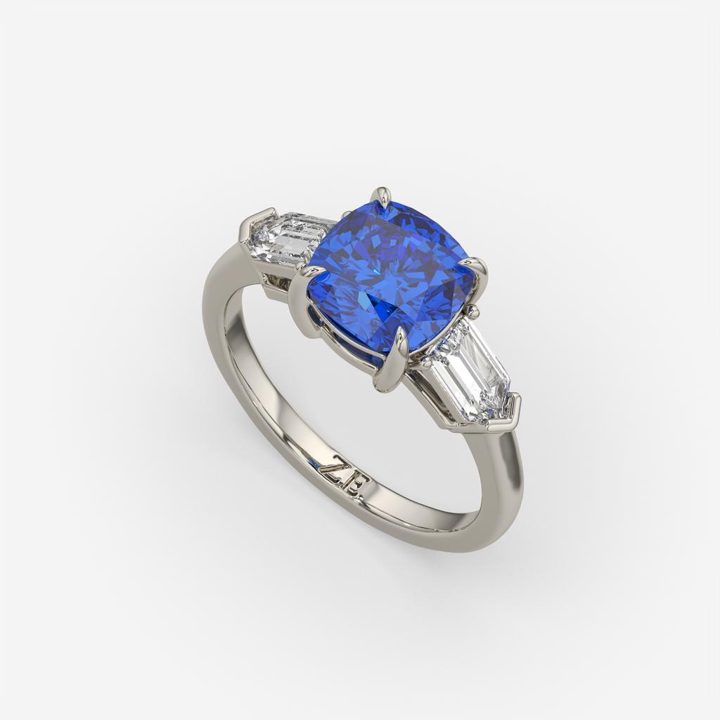 3.10 Ct Cushion Blue Sapphire and Diamond Ring, in white gold, front view