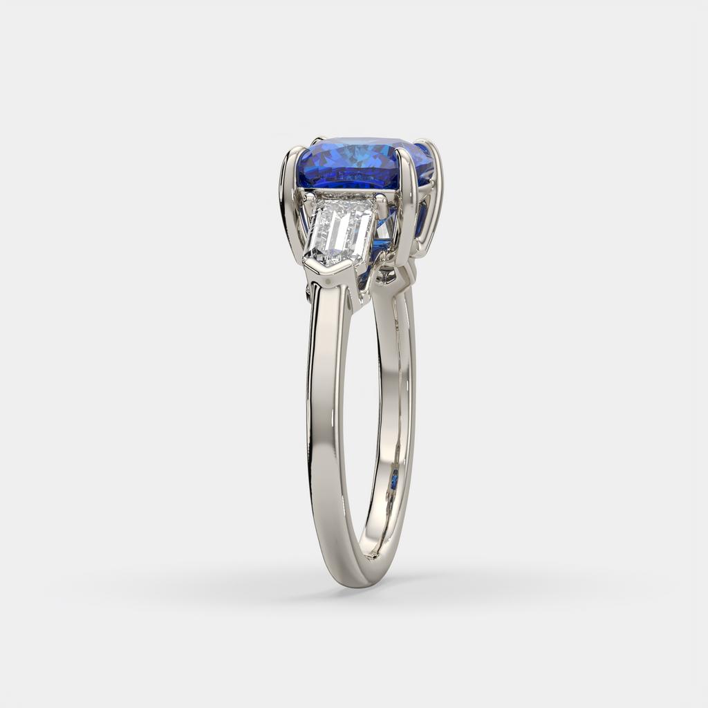 3.10 Ct Cushion Blue Sapphire and Diamond Ring, in white gold, side profile
