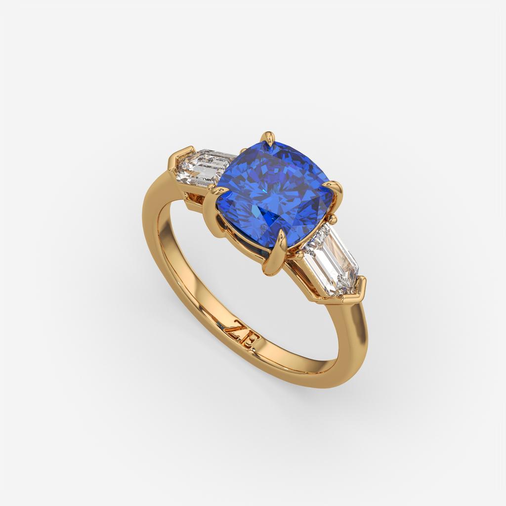 3.10 Ct Cushion Blue Sapphire and Diamond Ring, in yellow gold, front view