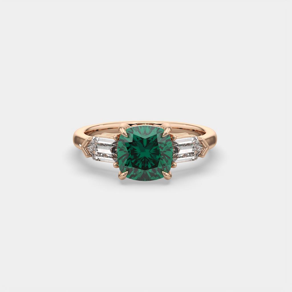3.10 Ct Cushion Cut Green Emerald and Diamond Ring, in rose gold, front view