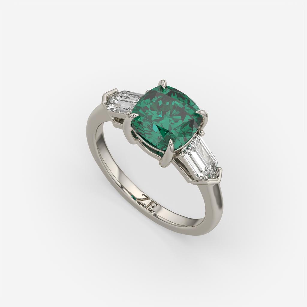 3.10 Ct Cushion Cut Green Emerald and Diamond Ring, in white gold, front view