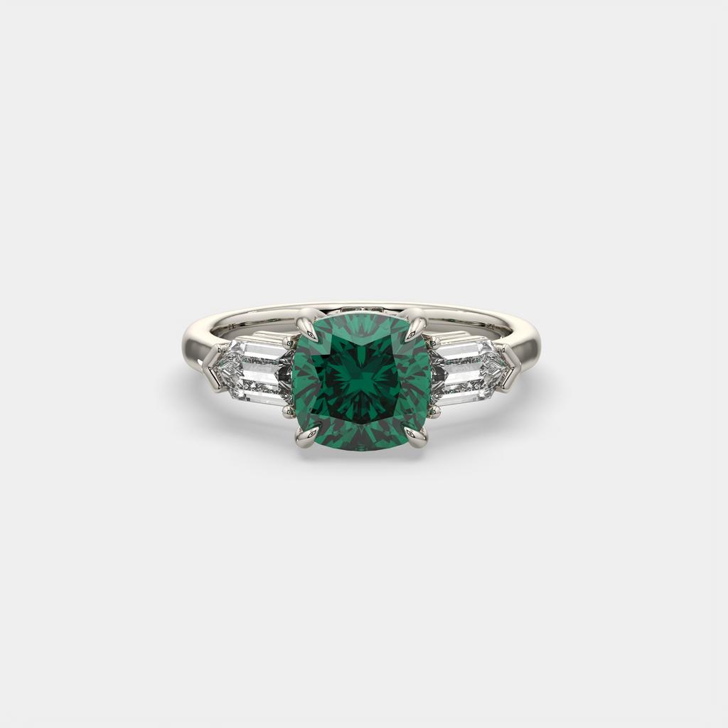 3.10 Ct Cushion Cut Green Emerald and Diamond Ring, in white gold, front view