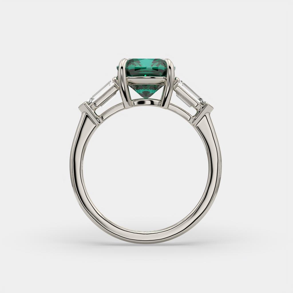 3.10 Ct Cushion Cut Green Emerald and Diamond Ring, in white gold, side profile