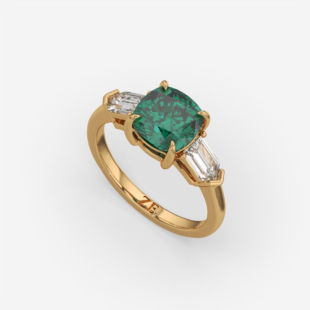 3.10 Ct Cushion Cut Green Emerald and Diamond Ring, in yellow gold, front view