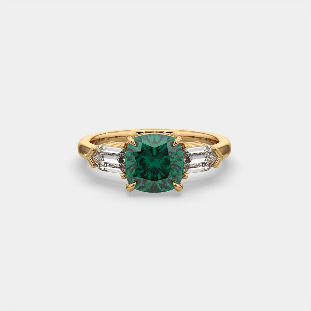 3.10 Ct Cushion Cut Green Emerald and Diamond Ring, in yellow gold, front view