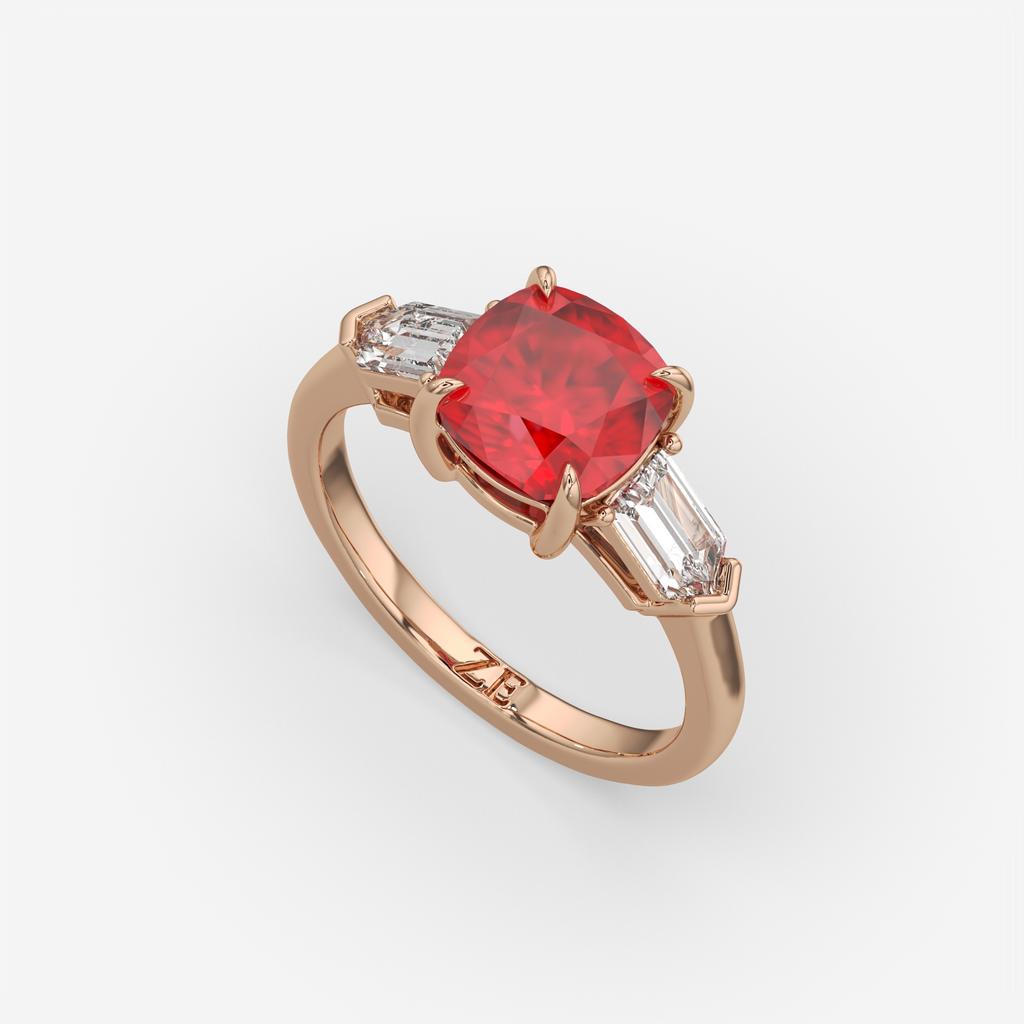 3.10 Ct Cushion Cut Ruby and Diamond Ring, in rose gold, front view