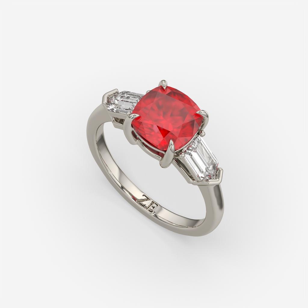 3.10 Ct Cushion Cut Ruby and Diamond Ring, in white gold, front view