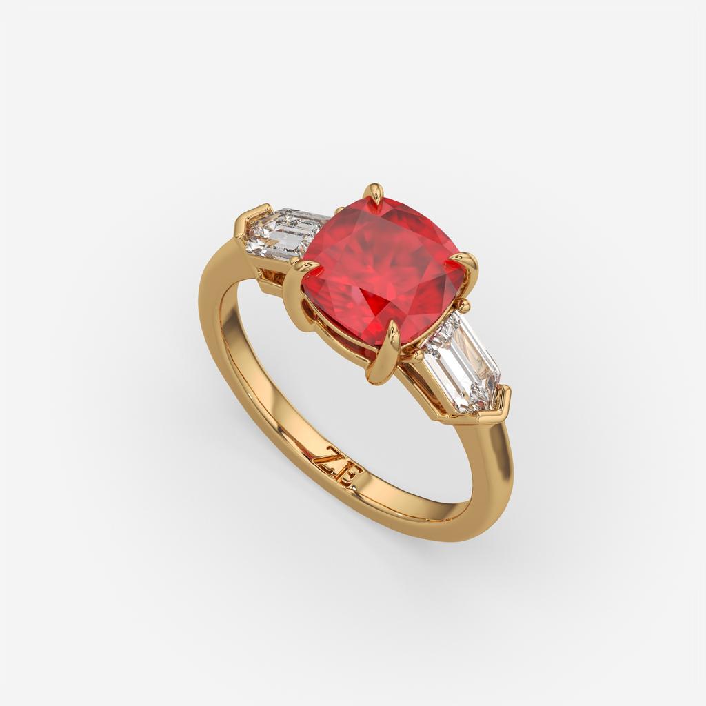3.10 Ct Cushion Cut Ruby and Diamond Ring, in yellow gold, front view