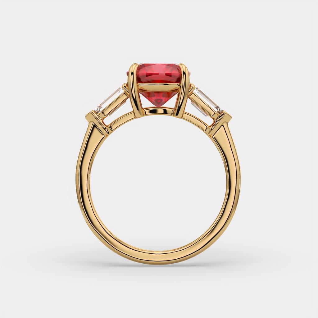 3.10 Ct Cushion Cut Ruby and Diamond Ring, in yellow gold, side profile