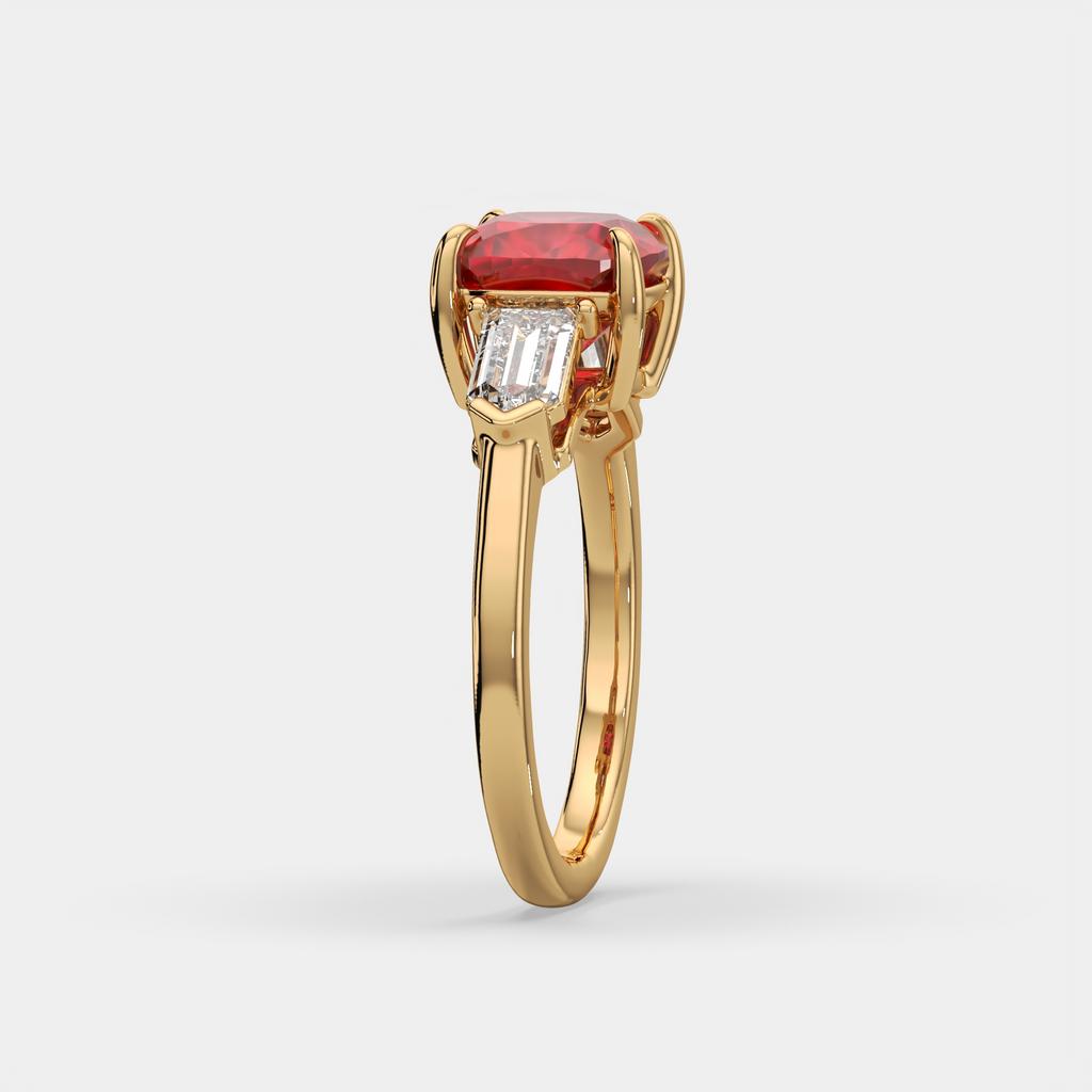 3.10 Ct Cushion Cut Ruby and Diamond Ring, in yellow gold, side profile