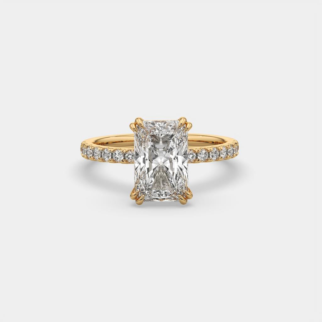 3.30 Ct D VS1 Radiant Lab-Grown Diamond Ring with Round Accents, in yellow gold, front view