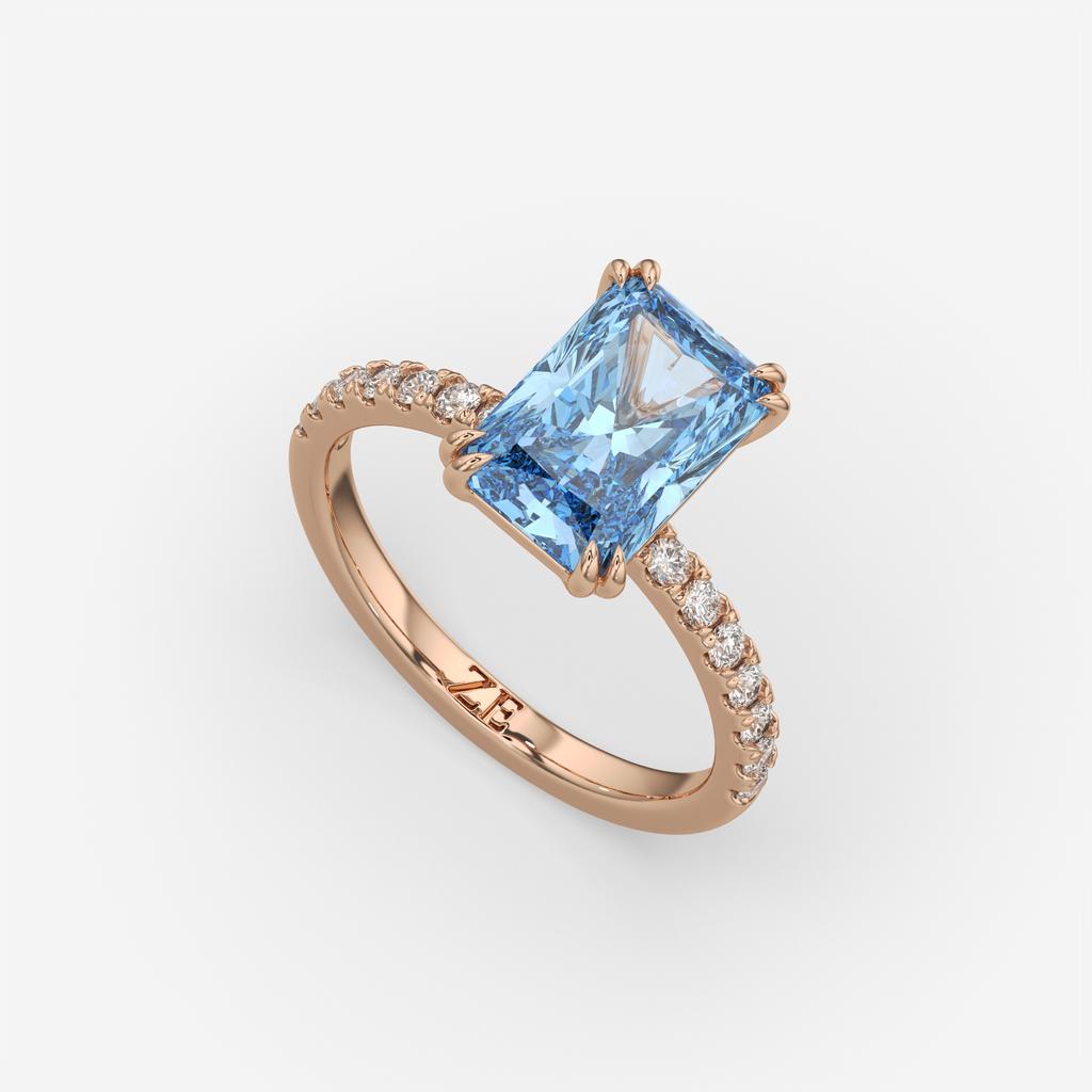 3.30 Ct Fancy Vivid Blue VS2 Radiant Lab-Grown Diamond Ring with Round Accents, in rose gold, front view