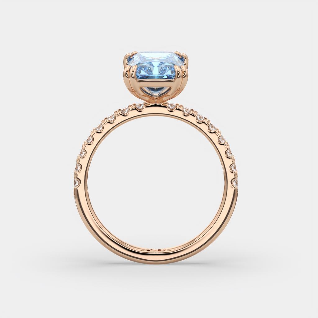 3.30 Ct Fancy Vivid Blue VS2 Radiant Lab-Grown Diamond Ring with Round Accents, in rose gold, side profile