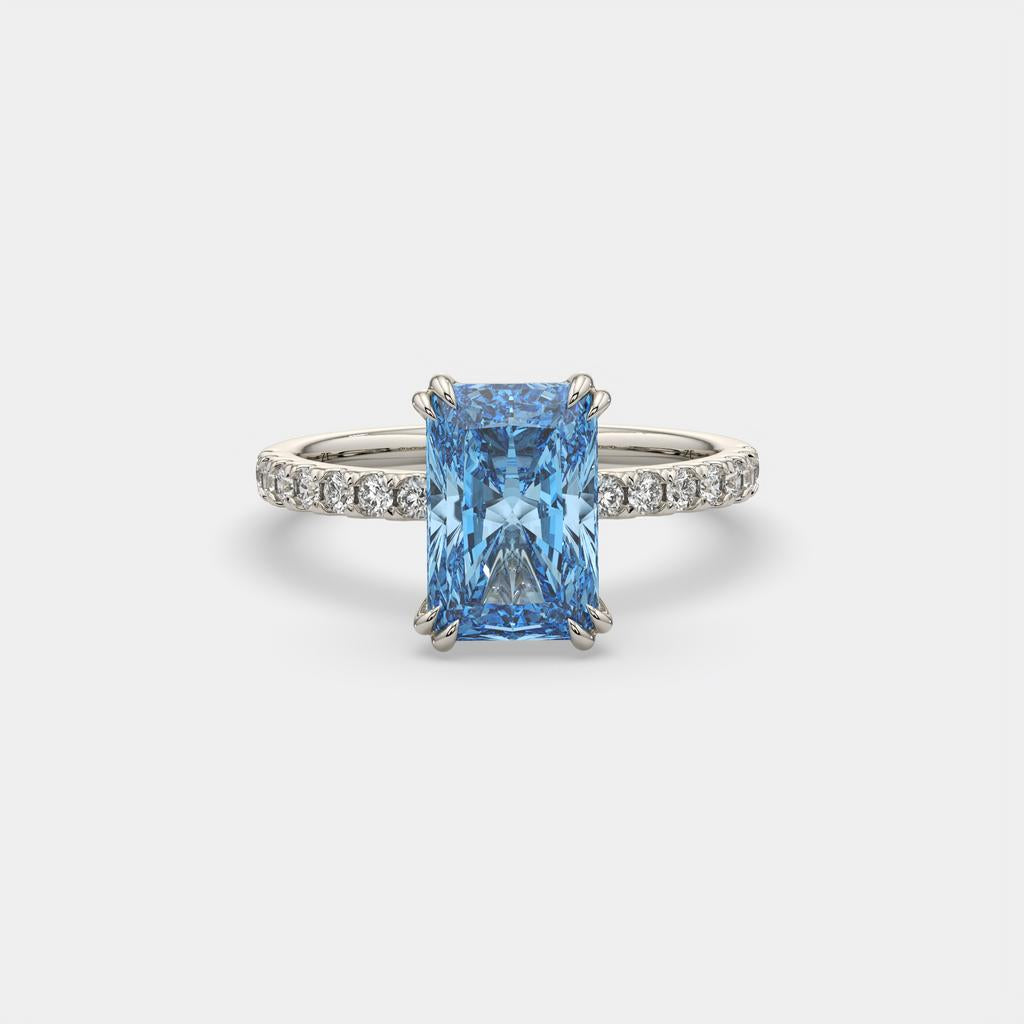 3.30 Ct Fancy Vivid Blue VS2 Radiant Lab-Grown Diamond Ring with Round Accents, in white gold, front view