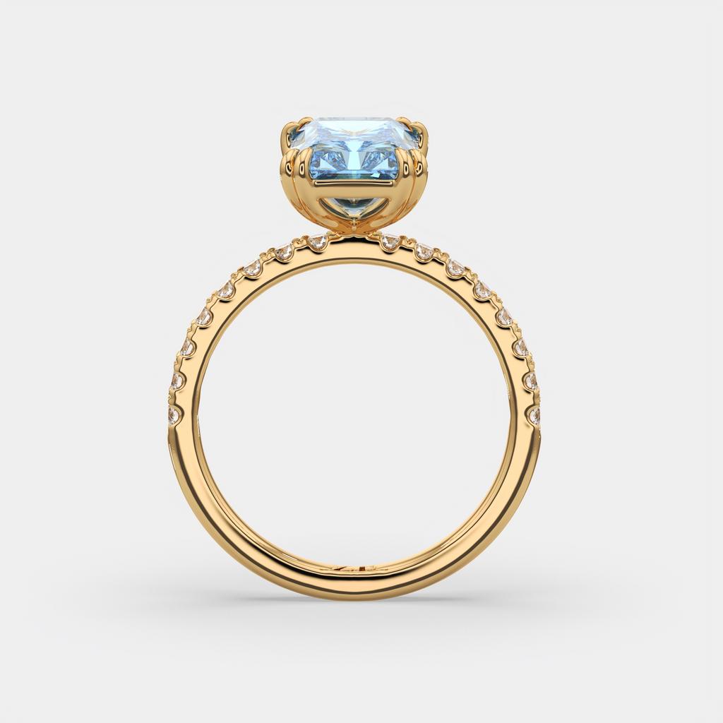 3.30 Ct Fancy Vivid Blue VS2 Radiant Lab-Grown Diamond Ring with Round Accents, in yellow gold, side profile
