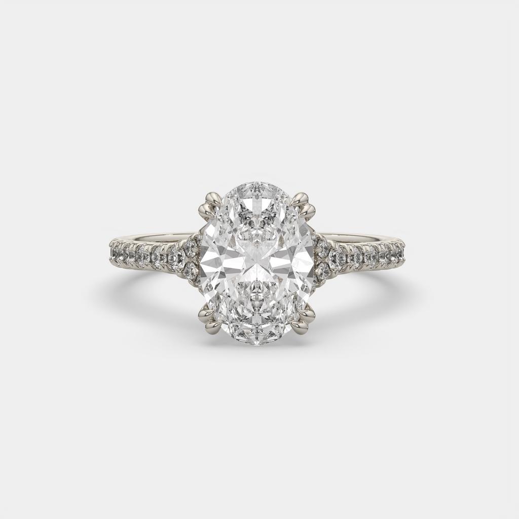 3.40 Ct E VS1 Oval Lab Diamond Side Stone Engagement Ring, in white gold, front view