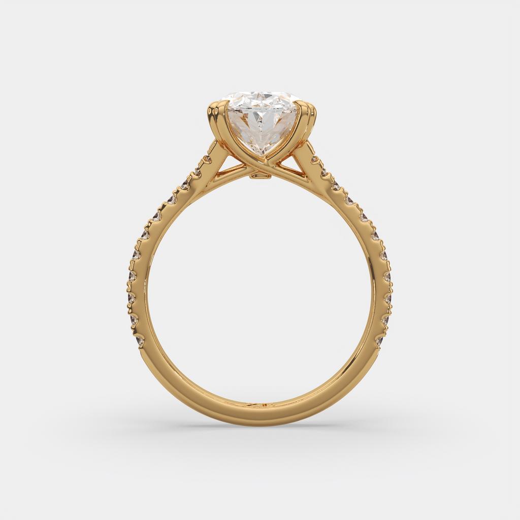 3.40 Ct E VS1 Oval Lab Diamond Side Stone Engagement Ring, in yellow gold, front view