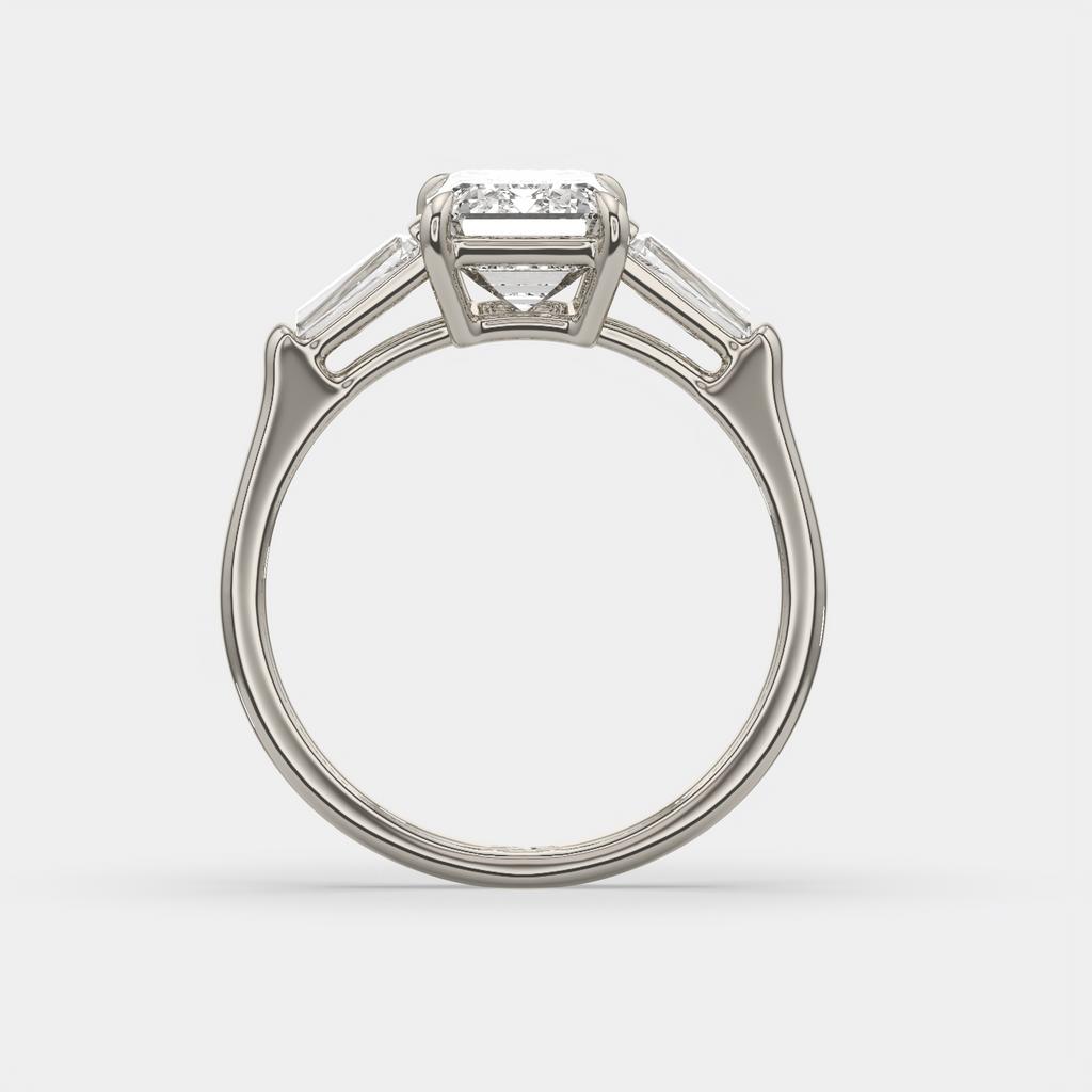 3.50 Ct D Color VS1 Emerald Cut Three Stone Diamond Ring With Tapered Baguettes, in white gold, front view