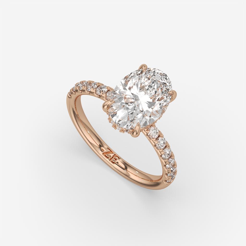 3.50 Ct E VS1 Oval Lab Grown Diamond Halo Ring, in rose gold, front view