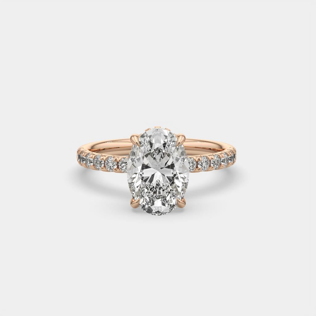 3.50 Ct E VS1 Oval Lab Grown Diamond Halo Ring, in rose gold, front view