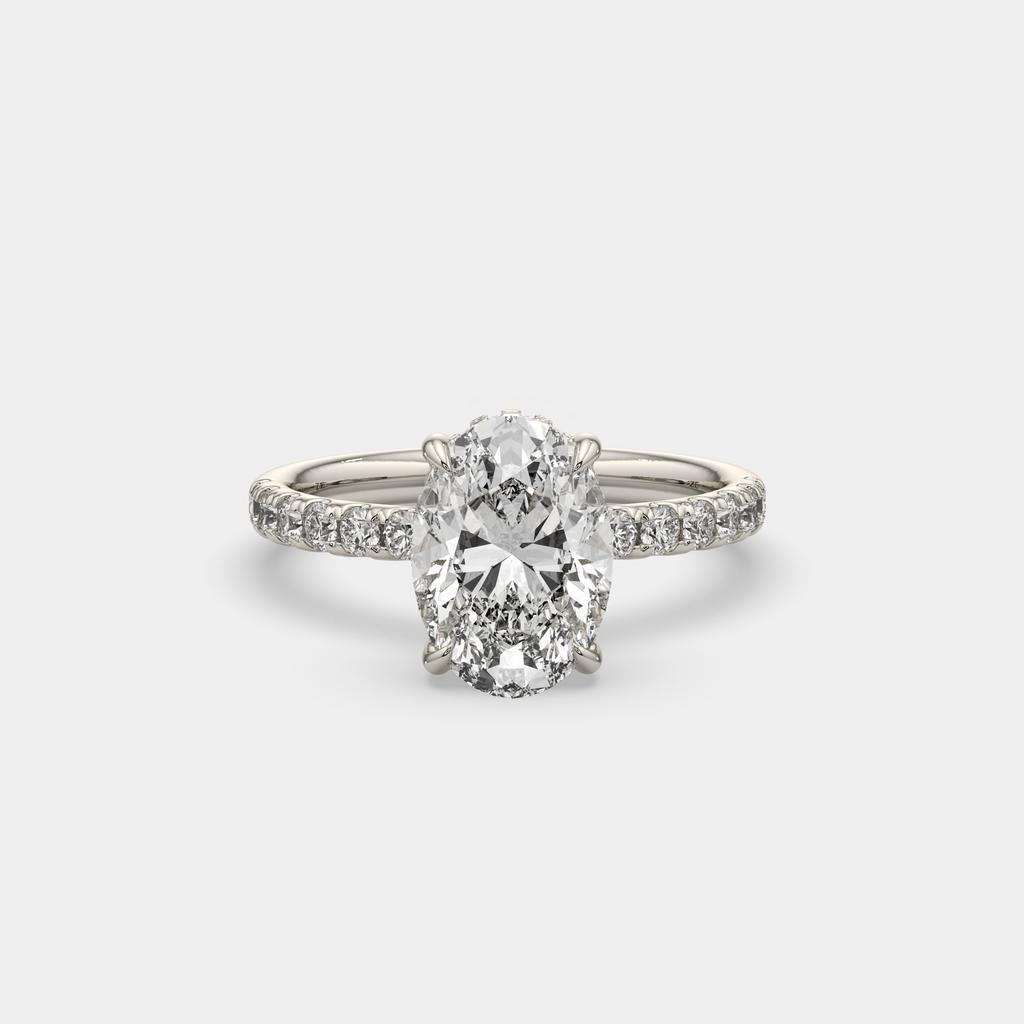 3.50 Ct E VS1 Oval Lab Grown Diamond Halo Ring, in white gold, front view