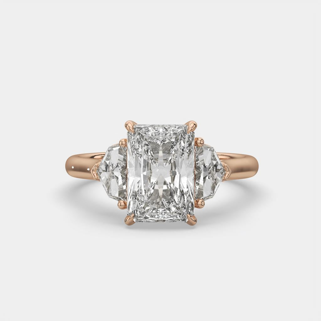 3.50 Ct E VS1 Radiant Three Stone Ring With Trapezoid Accents, in rose gold, front view