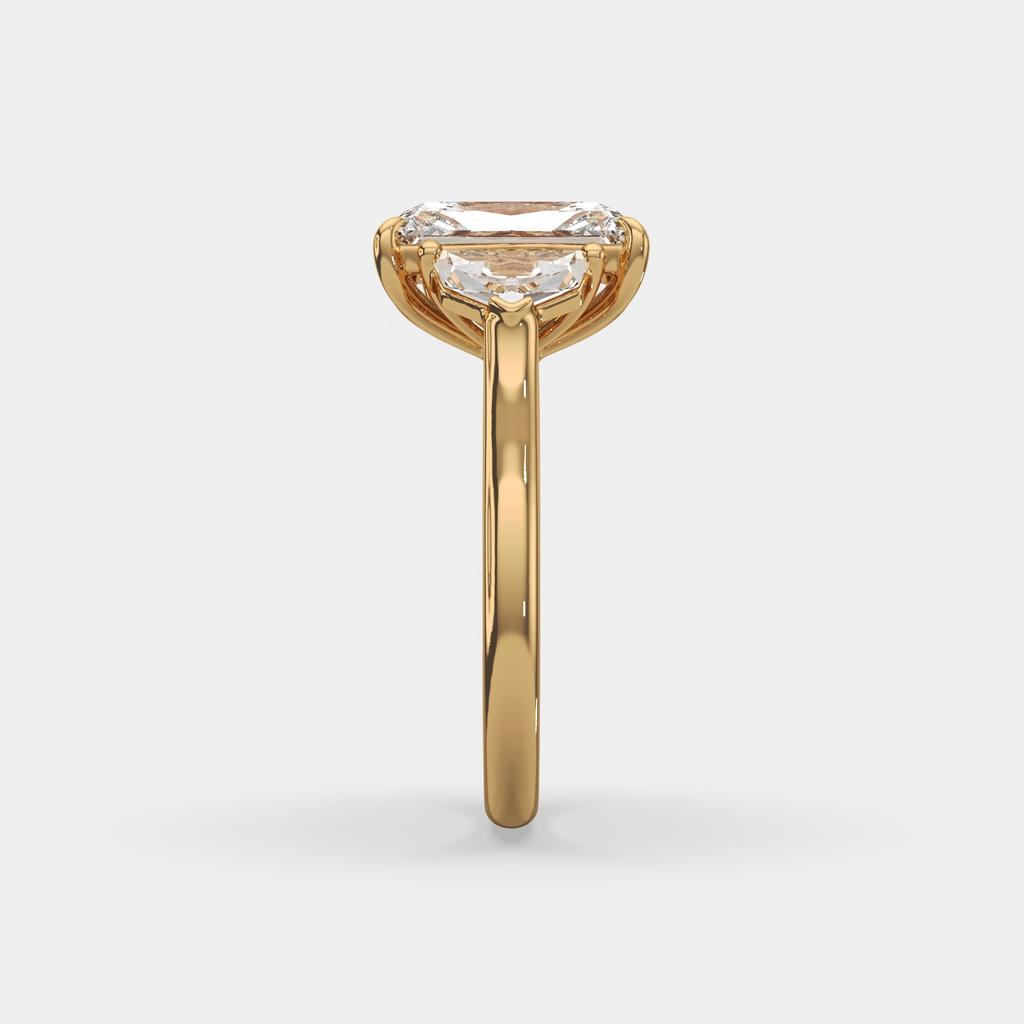 3.50 Ct E VS1 Radiant Three Stone Ring With Trapezoid Accents, in yellow gold, side profile