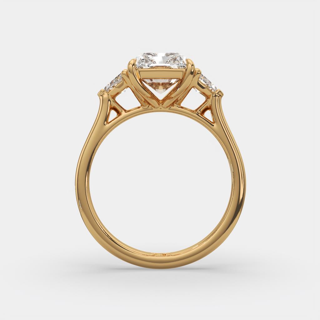 3.50 Ct E VS1 Radiant Three Stone Ring With Trapezoid Accents, in yellow gold, side profile
