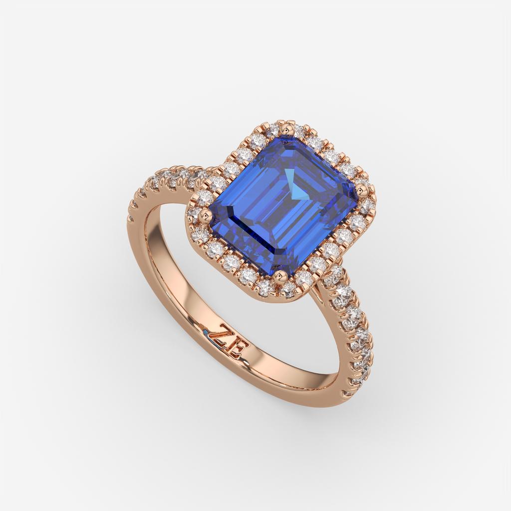 3.50 Ct Emerald Cut Blue Sapphire and Diamond Ring, in rose gold, front view