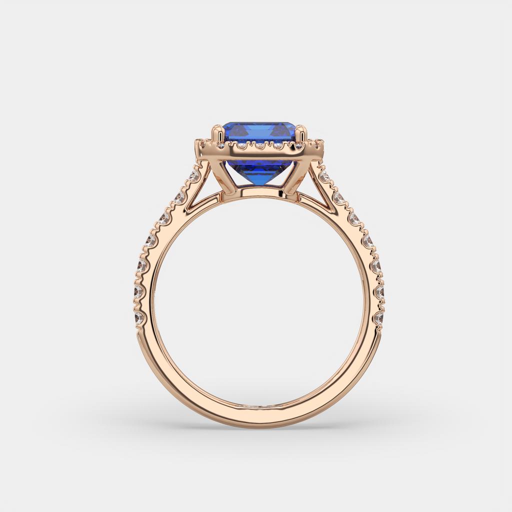 3.50 Ct Emerald Cut Blue Sapphire and Diamond Ring, in rose gold, side profile