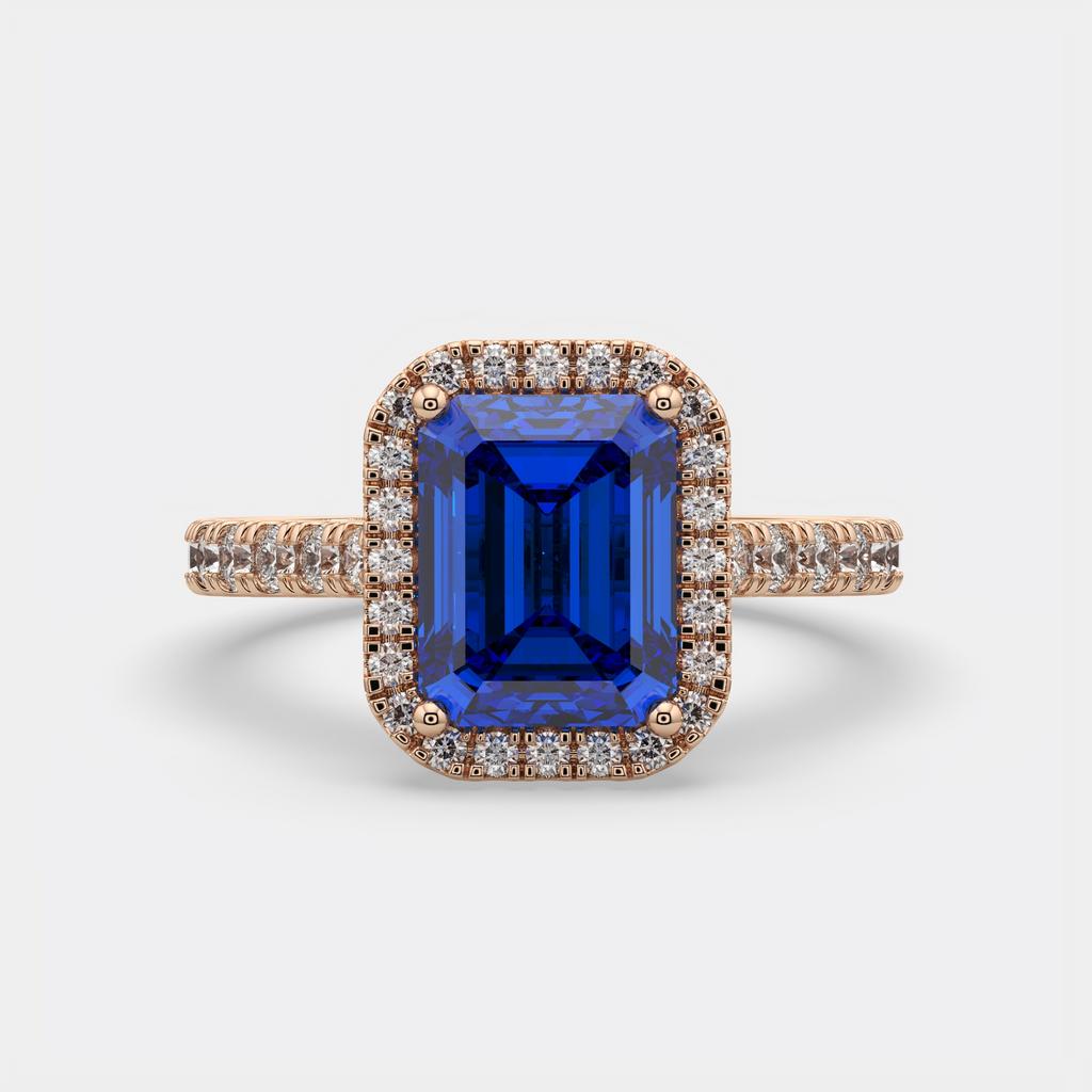 3.50 Ct Emerald Cut Blue Sapphire and Diamond Ring, in rose gold, top view