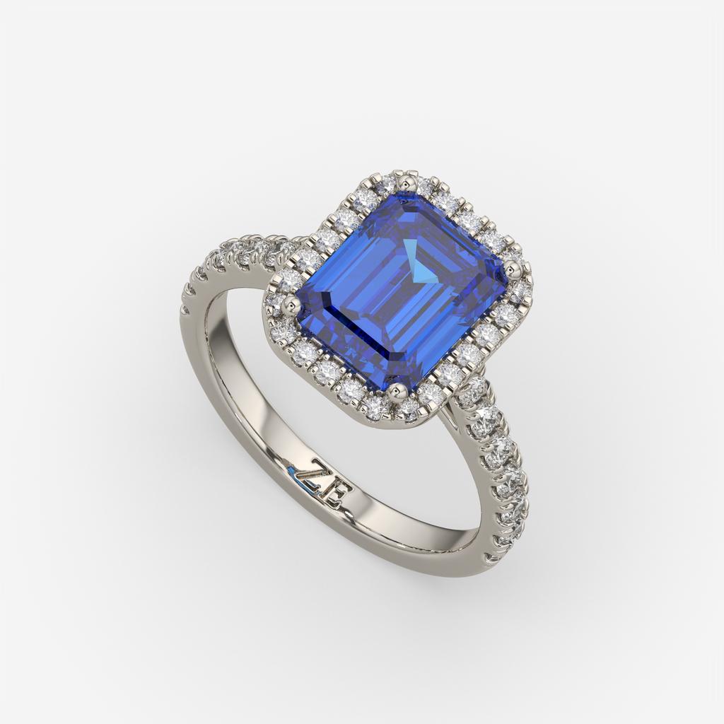 3.50 Ct Emerald Cut Blue Sapphire and Diamond Ring, in white gold, front view