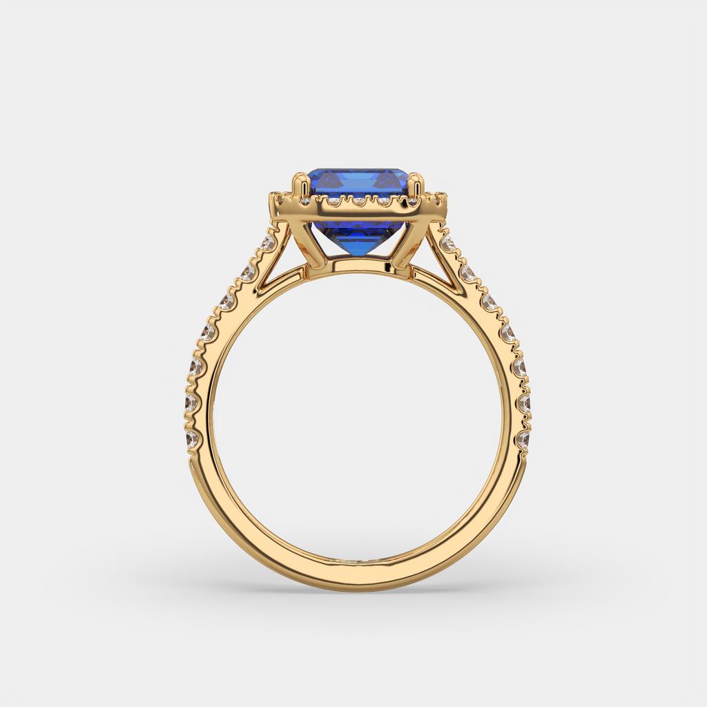 3.50 Ct Emerald Cut Blue Sapphire and Diamond Ring, in yellow gold, side profile