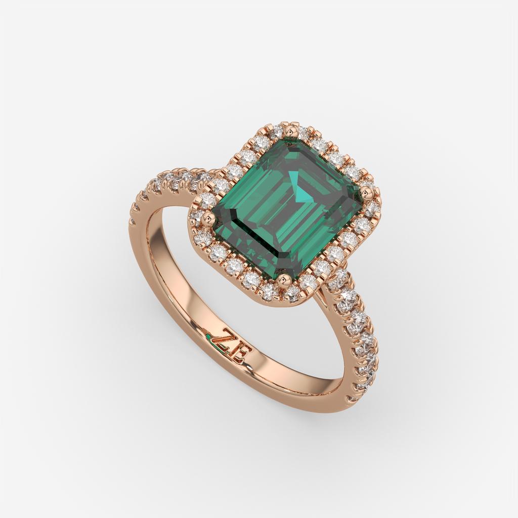 3.50 Ct Emerald Cut Green Emerald and Diamond Ring, in rose gold, front view