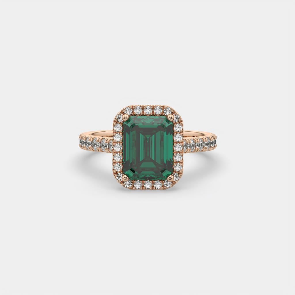 3.50 Ct Emerald Cut Green Emerald and Diamond Ring, in rose gold, front view