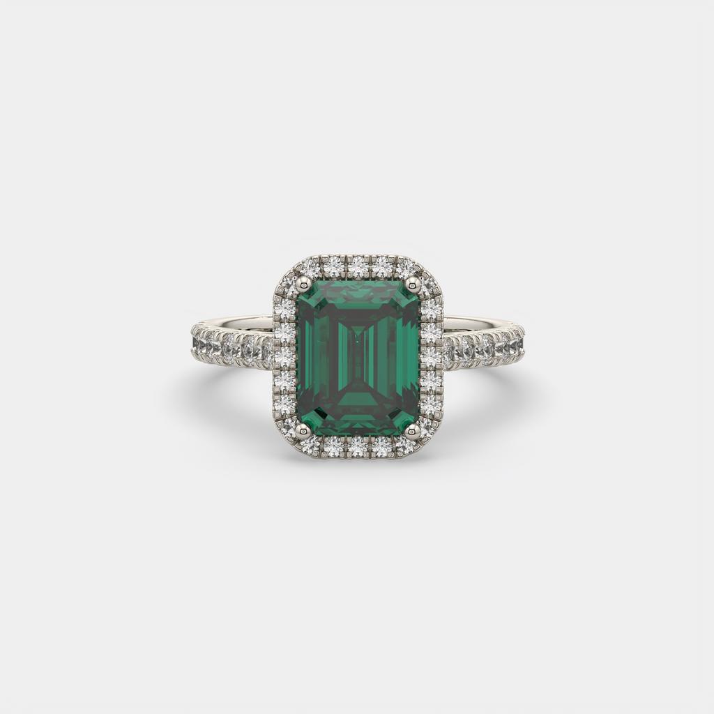 3.50 Ct Emerald Cut Green Emerald and Diamond Ring, in white gold, front view