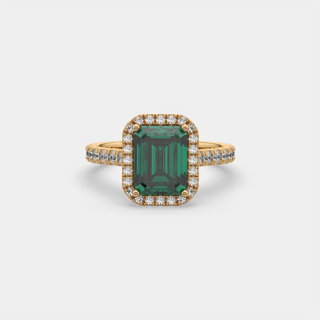 3.50 Ct Emerald Cut Green Emerald and Diamond Ring, in yellow gold, front view