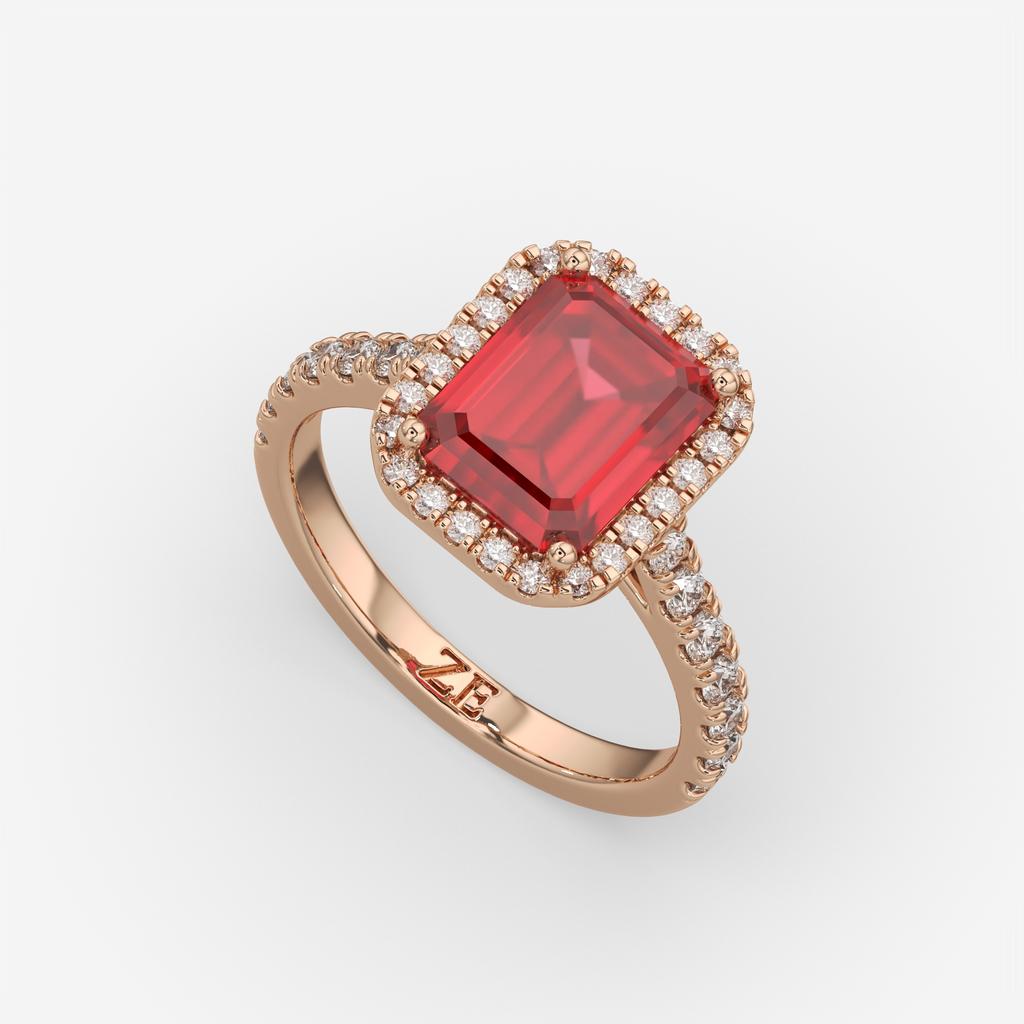 3.50 Ct Emerald Cut Red Ruby and Diamond Ring, in rose gold, front view