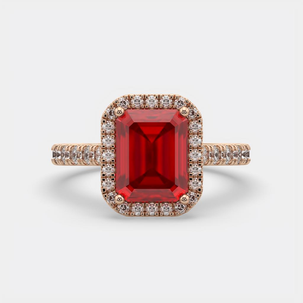 3.50 Ct Emerald Cut Red Ruby and Diamond Ring, in rose gold, top view